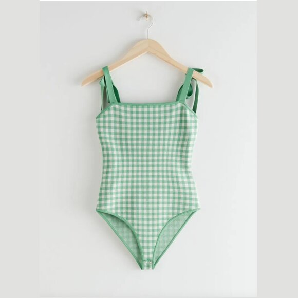 & Other Stories Green Gingham Tie Body Suit Small - Picture 2 of 5